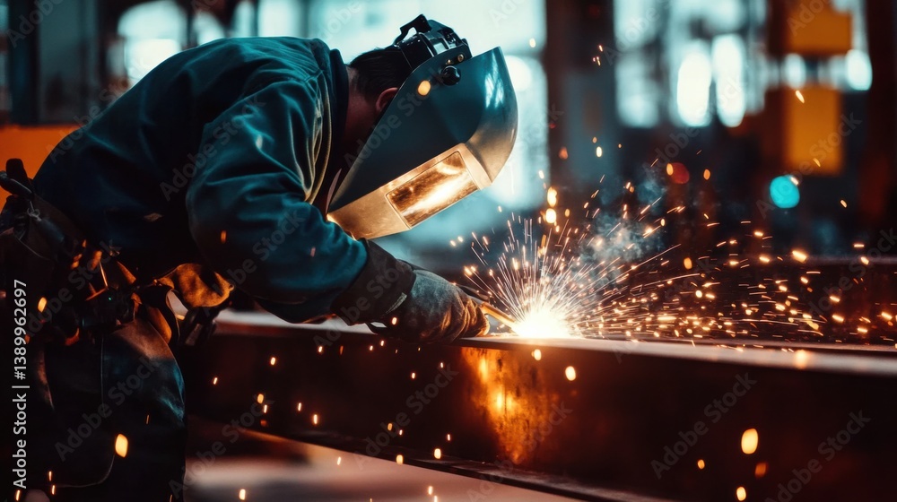 A welder in safety gear welding metal beams. Featuring skill and precision A welder in safety gear welding metal beams. Featuring skill and precision