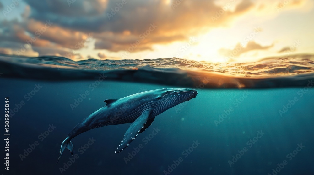 Obraz premium Majestic whale breaching at sunset ocean surface wildlife photography tranquil waters underwater perspective