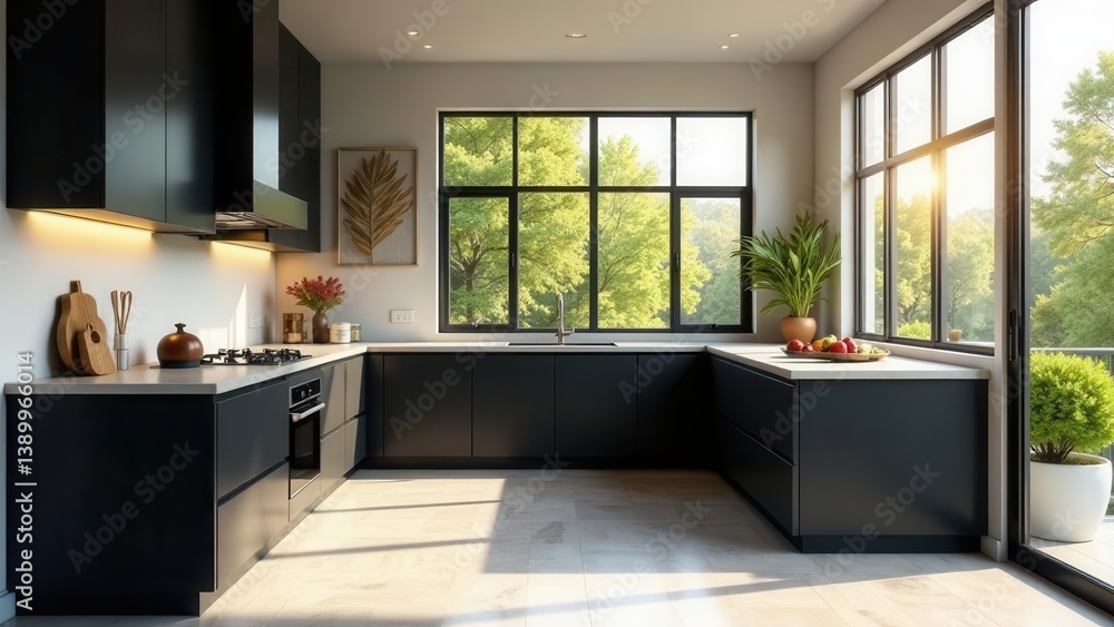 Fototapeta premium Modern Dark Kitchen Design with Abundant Natural Light and Lush Greenery Views