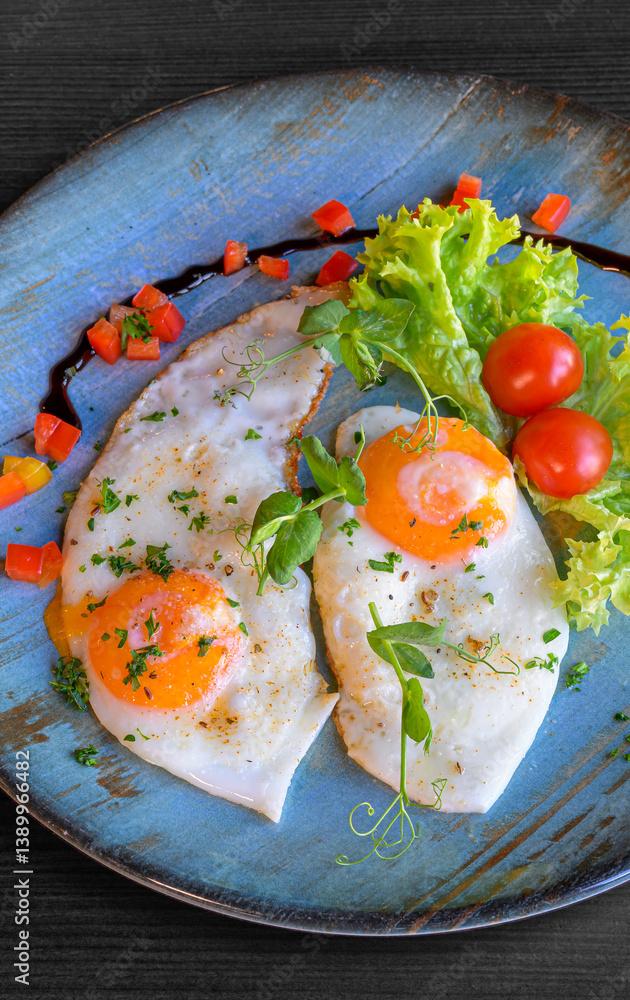 fried eggs on a blue plate lettuce leaf and cherry tomatoes