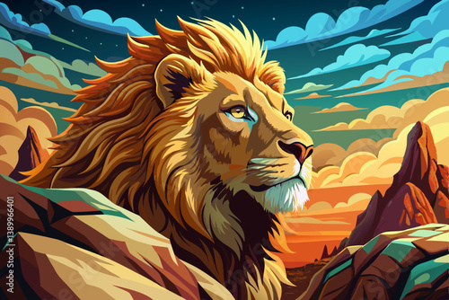 lion portrait on an alien rock formation under a strange colored sky, banner