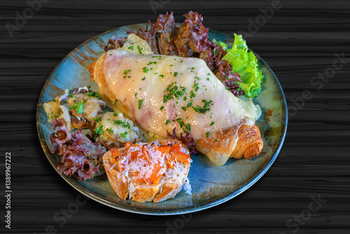Obraz na płótnie croisant topped with ham and cheese, toasted white bread with tomato and parmesan cheese w salonie