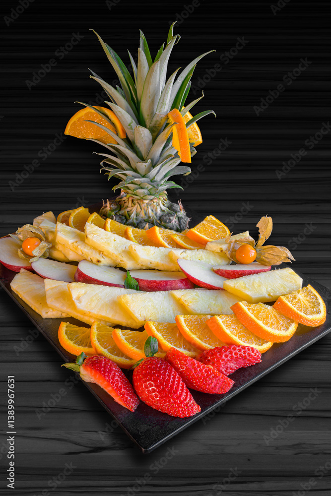 fruit platter with strawberries, oranges, pineapple and apples