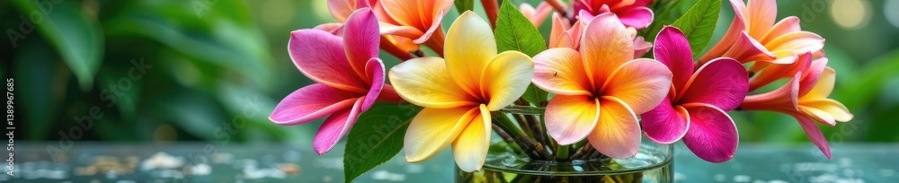 Fototapeta premium A vase filled with an assortment of colorful tropical flowers including plumeria and orchids in water, floral, flower, water
