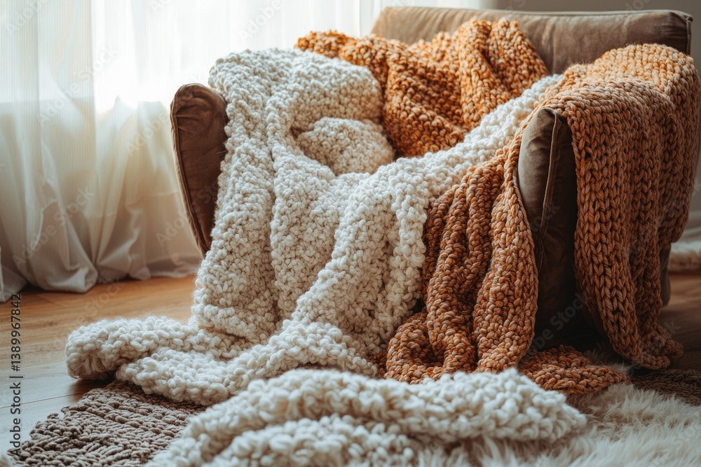 Cozy cream and orange chunky knit blankets draped over a brown armchair near a window. Cozy cream and orange chunky knit blankets draped over a brown armchair near a window.