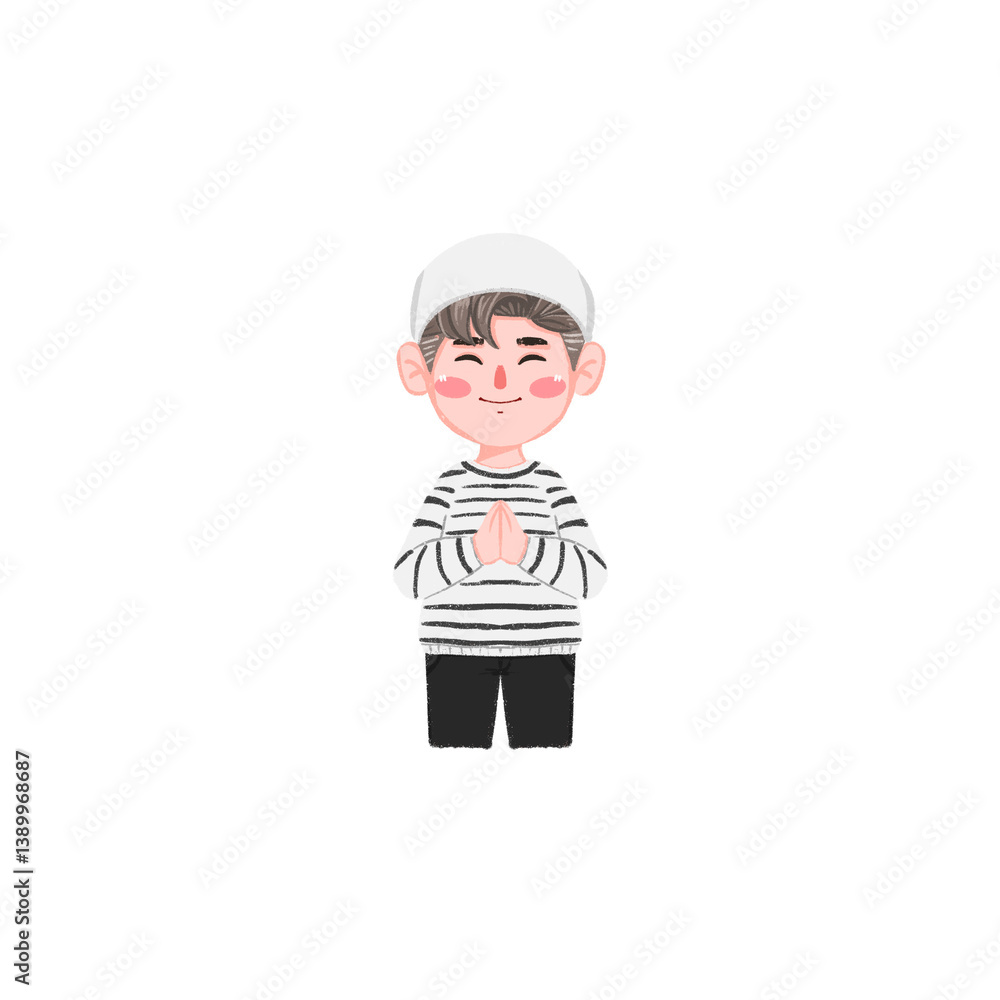 Adorable Cartoon Boy in Striped Sweater and Beanie, Hands Clasped Adorable Cartoon Boy in Striped Sweater and Beanie, Hands Clasped