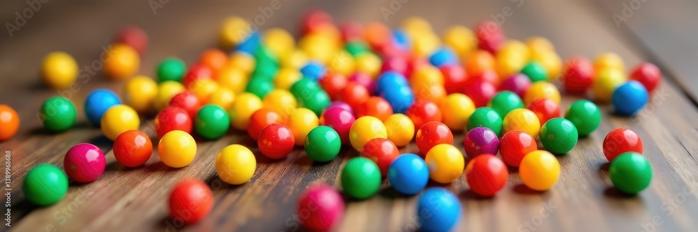 Colorful plastic balls scattered on a wooden table, plastic_balls Scatter, fun_toys Colorful plastic balls scattered on a wooden table, plastic_balls Scatter, fun_toys