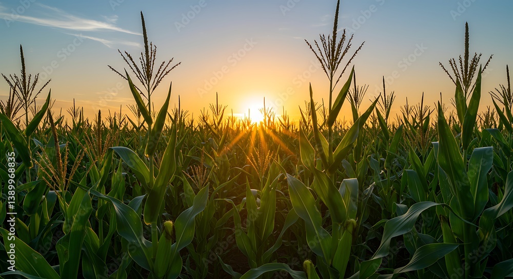 A Cornfield Silhouetted at Sunset, Displaying Growth and Natural Beauty