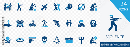 Violence flat vector icon set. containing Fight, War, Crime, Force, Riot, Power and more filled icons collection