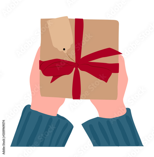 Hand holding gift box. Present box, holiday package in festive paper wrapping, tied with string . Christmas, birthday surprise. Flat vector illustration isolated on white background