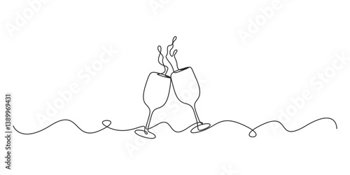 Continuous line champagne cheers one line art, single drawing contour. Hands toasting with wine glasses with drinks. Cheers toast festive decoration for holidays. Graphic illustration