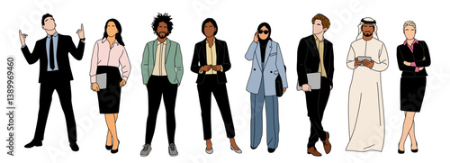 Diverse multiethnic Business team members standing. Men, women characters in formal office outfit. Modern vector outline colored sketch illustration isolated 