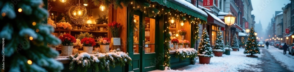 Evergreen boughs draped across the entrance of a flower shop, boughs, Christmas tree alternatives, winter wonderland Evergreen boughs draped across the entrance of a flower shop, boughs, Christmas tree alternatives, winter wonderland