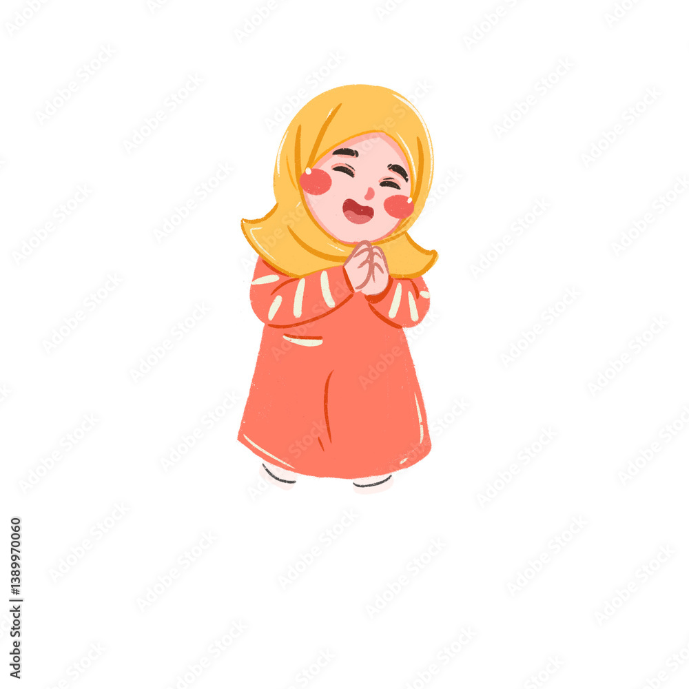 Joyful Girl in Coral Dress and Golden Hijab, Hands Clasped