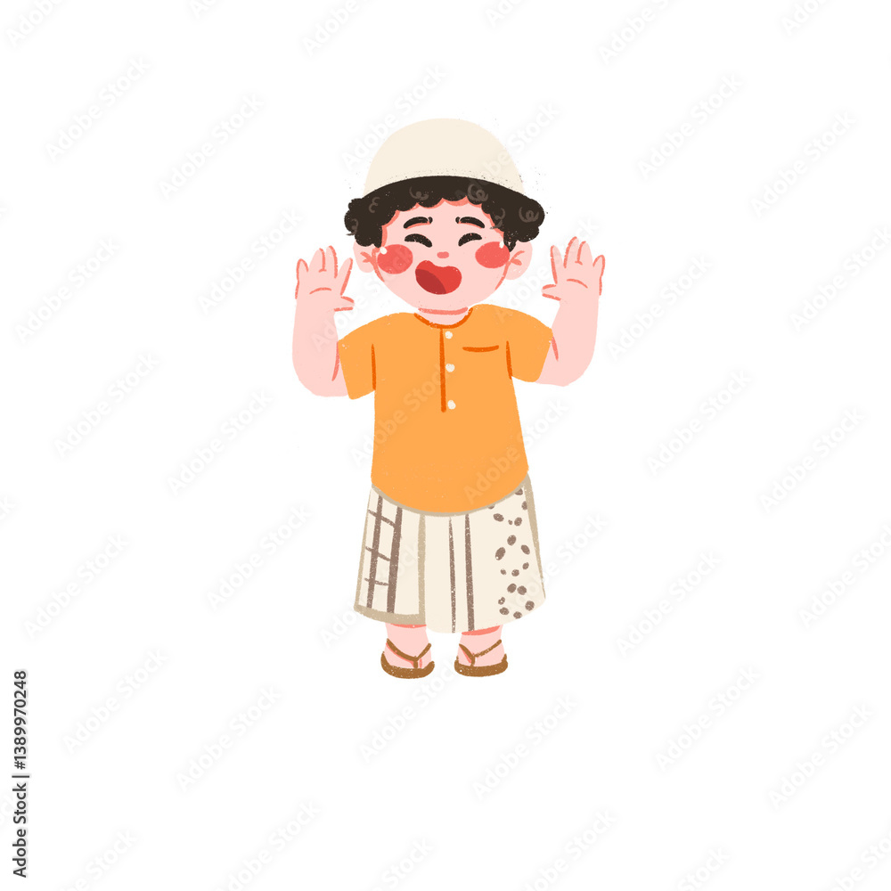 Joyful Young Boy in Traditional Clothing, Hands Raised Joyful Young Boy in Traditional Clothing, Hands Raised