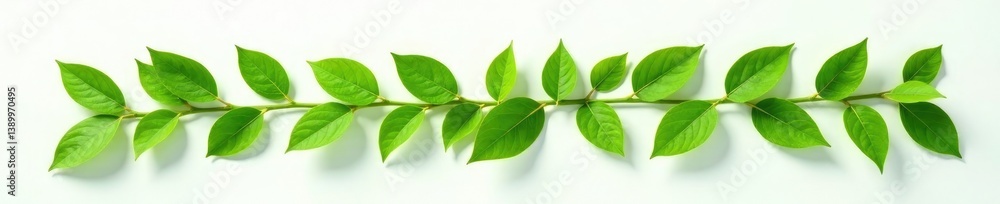 Fototapeta premium Green tea leaves on white surface with shadows, shadow, isolated