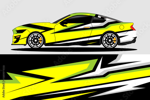 Vibrant yellow sports car with dynamic graphic design parked against a minimalist background
