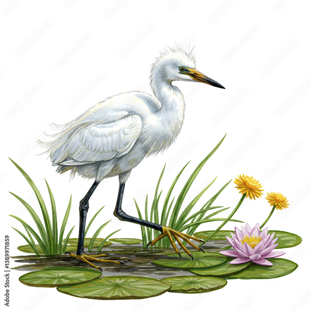 Fototapeta premium A white heron wading in a pond with lily pads and yellow wildflowers