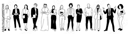 Diverse multiethnic Business team members standing. Men, women characters in formal office outfit. Modern vector simple outline black and white sketch illustration isolated on white background.