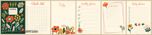 Notebook pages and cover template with colorful abstract flowers. Planner, diary, notepad, organizer with cute floral design. Vector cards, notes, stickers, labels, tags paper sheet illustrations.