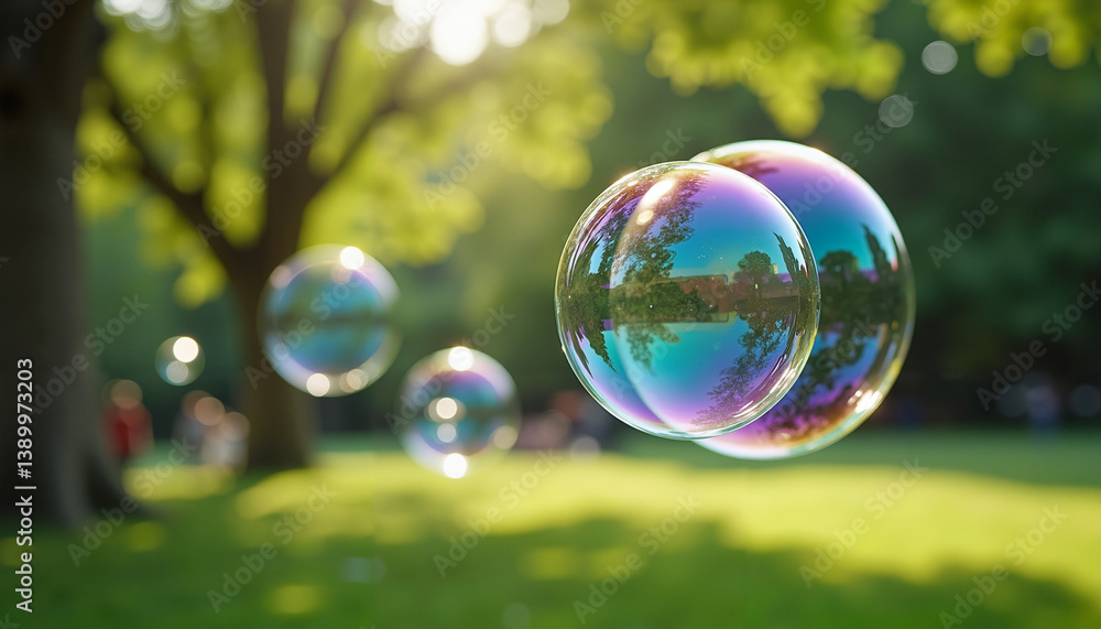 Colorful Bubbles Floating in a Sunny Park Background, soap bubbles, Spring Cleaning Event Colorful Bubbles Floating in a Sunny Park Background, soap bubbles, Spring Cleaning Event