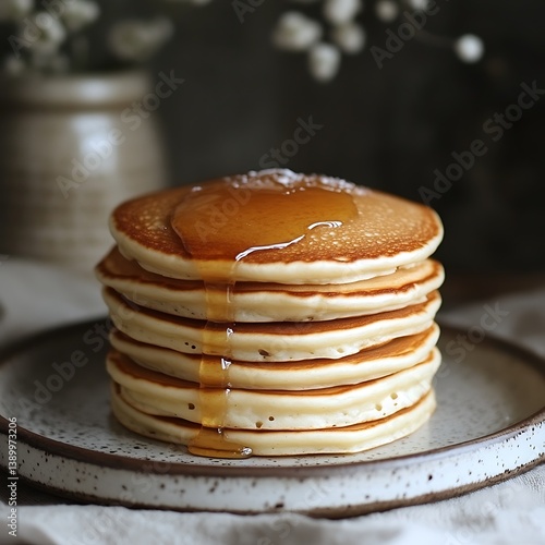Wallpaper Mural Delicious stack of fluffy pancakes drizzled with golden syrup on a plate Torontodigital.ca