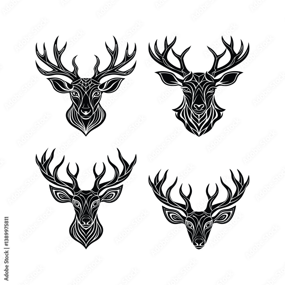 Fototapeta premium Black and white silhouette deer s head antlers 2