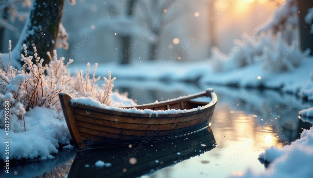 Fototapeta premium Snowflakes gently falling on a small wooden boat garden in the snow, frosty atmosphere, wintery scene
