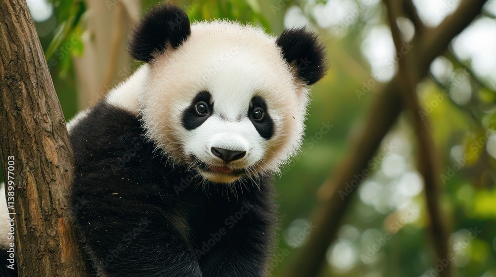 Fototapeta premium Playful panda cub climbing with mother in lush forest wildlife photography natural habitat close-up view
