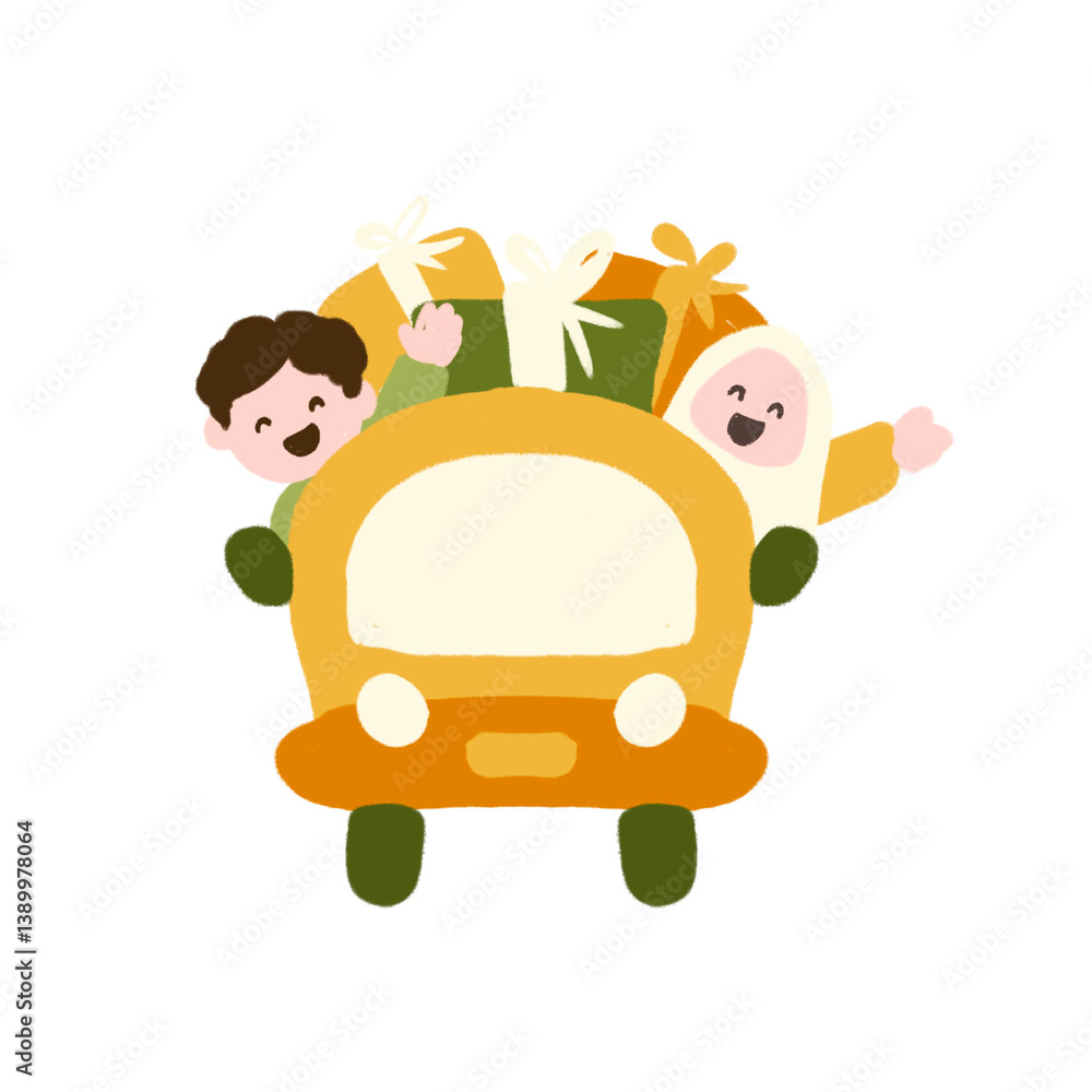 Joyful Children Overflowing with Gifts in a Yellow Car Joyful Children Overflowing with Gifts in a Yellow Car