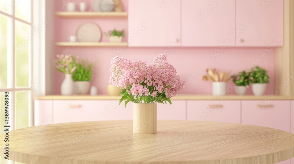 Fototapeta premium Pink flowers kitchen table, pastel decor, home