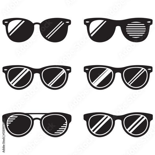 Sunglasses icons. sunglass, mens glasses Vector Black silhouettes and retro eyewear icon. Polarized geek glasses, hipster sun lens ocular. Isolated symbols vector set. with white background