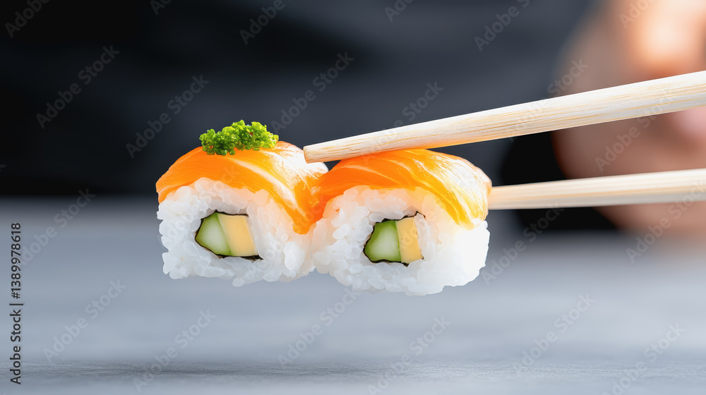 Close-up of a person holding chopsticks with sushi on a plate in a satisfying dining experience with guests enjoying Close-up of a person holding chopsticks with sushi on a plate in a satisfying dining experience with guests enjoying