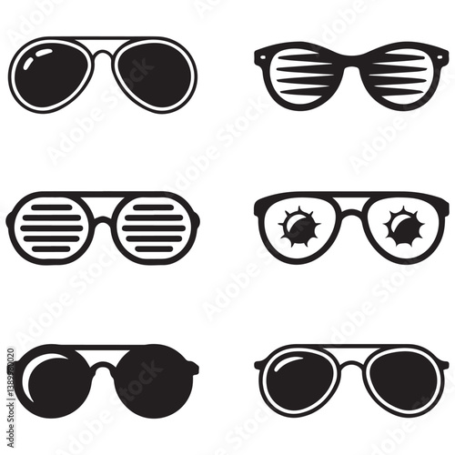 Sunglasses icons. sunglass, mens glasses Vector Black silhouettes and retro eyewear icon. Polarized geek glasses, hipster sun lens ocular. Isolated symbols vector set. with white background