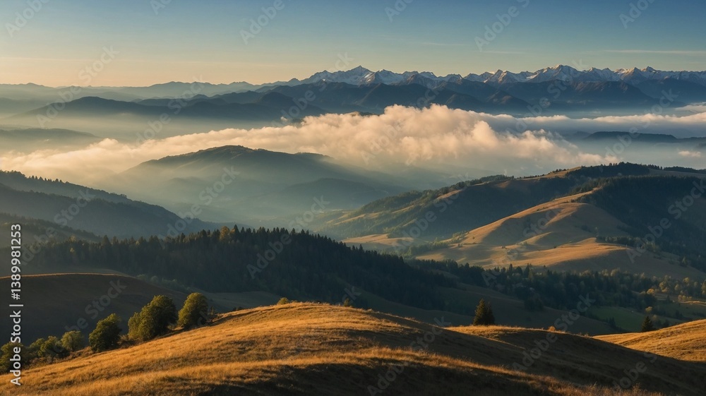 Obraz premium Hilly landscape with clouds, fog against high mountains
