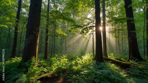 Rays of sunlight in a green forest