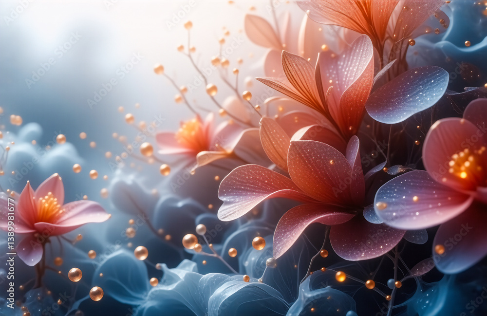 Fototapeta premium Dreamy floral scene with soft pink and orange blossoms, adorned with golden sphere accents. A gentle, ethereal atmosphere is created with a cool blue backdrop.