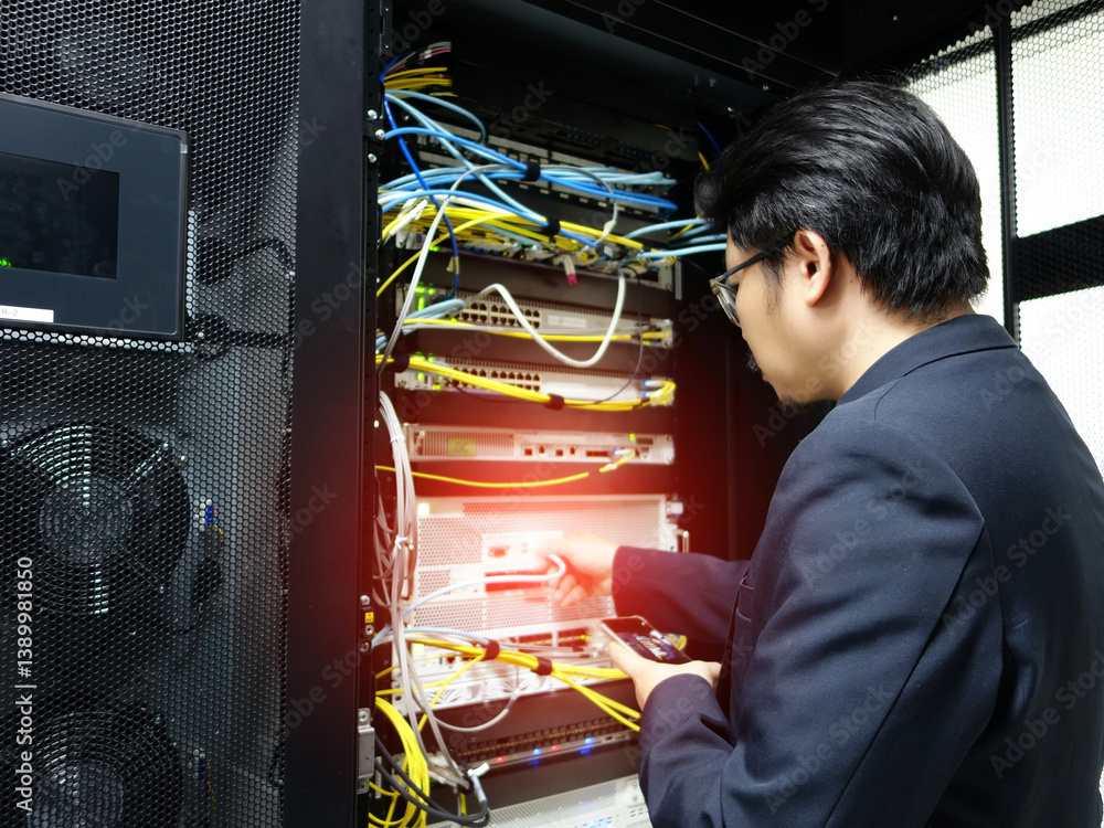 Technician Working on Server Rack in Data Center
