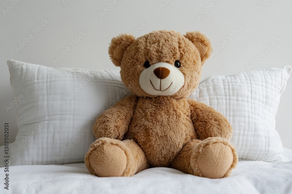 Sweet teddy bear resting on soft white pillows cozy bedroom scene fluffy brown fur gentle light Sweet teddy bear resting on soft white pillows cozy bedroom scene fluffy brown fur gentle light