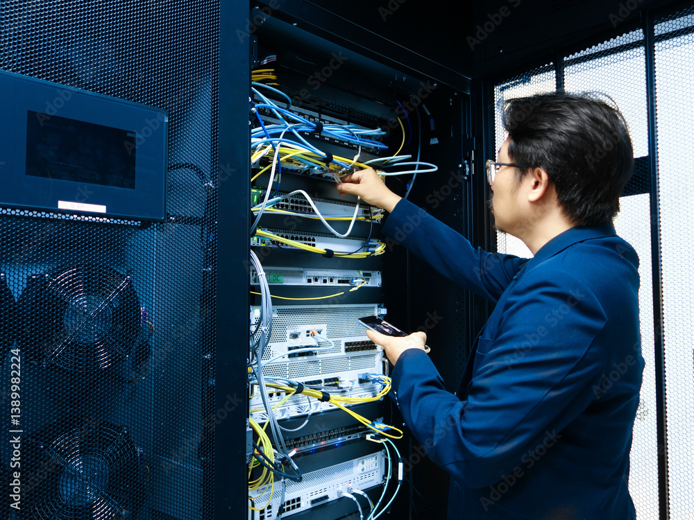 Technician Working on Network Equipment in Data Center