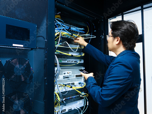 Obraz na płótnie Technician Working on Network Equipment in Data Center w salonie