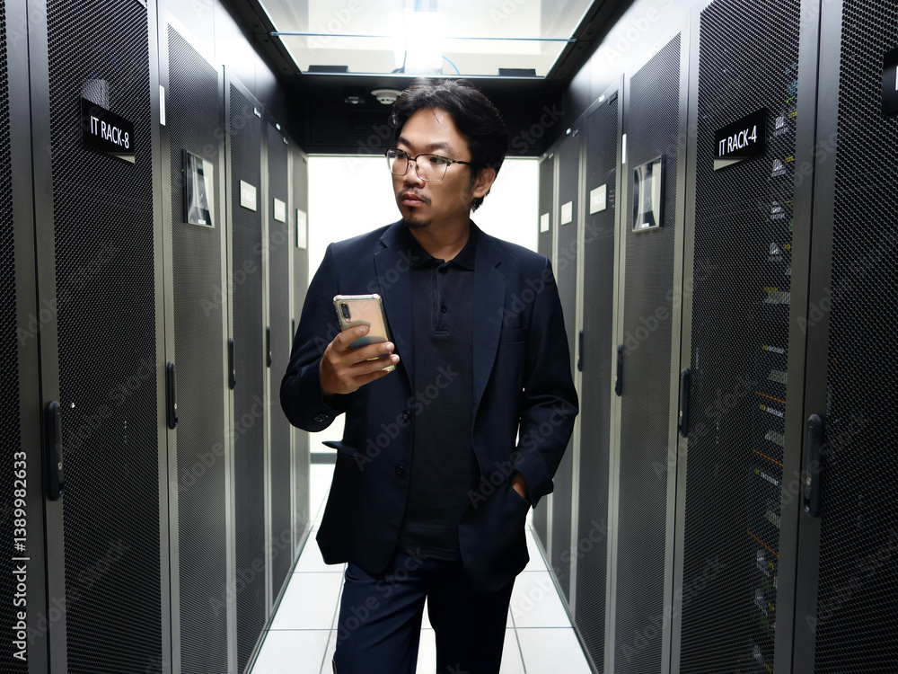 Business Professional in Server Room with Mobile Device