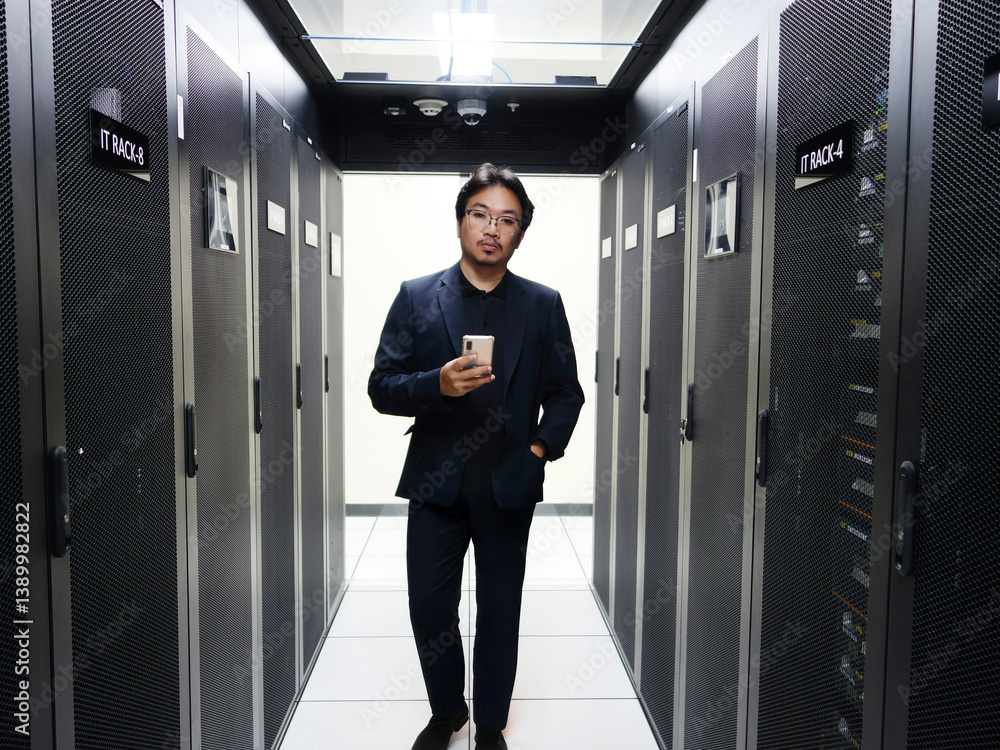 Professional Man Posing in Data Center Corridor