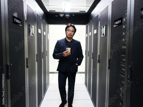 Obraz na płótnie Professional Man Posing in Data Center Corridor w salonie