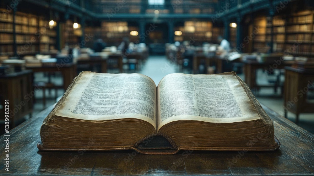 Obraz premium Open Book with Library Interior.