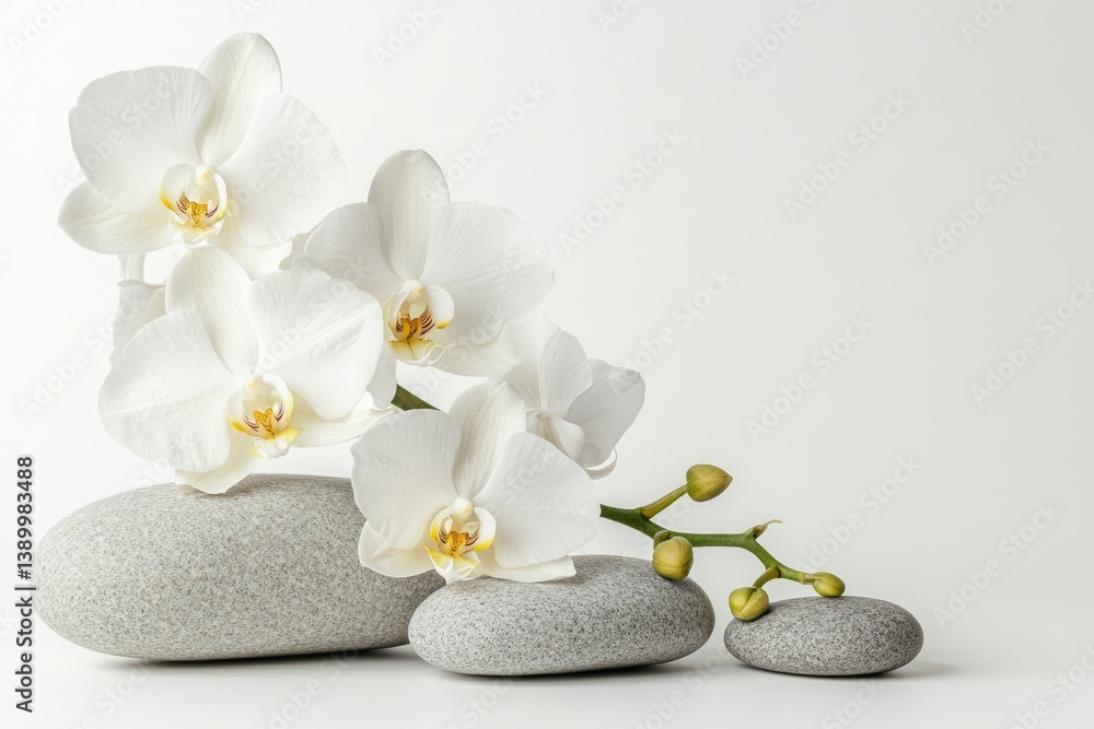 Serene white orchids gracefully rest on smooth grey stones, evoking tranquility and peace. Serene white orchids gracefully rest on smooth grey stones, evoking tranquility and peace.