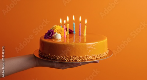 Holding a Celebratory Birthday Cake with Lit Candles and Floral Decoration