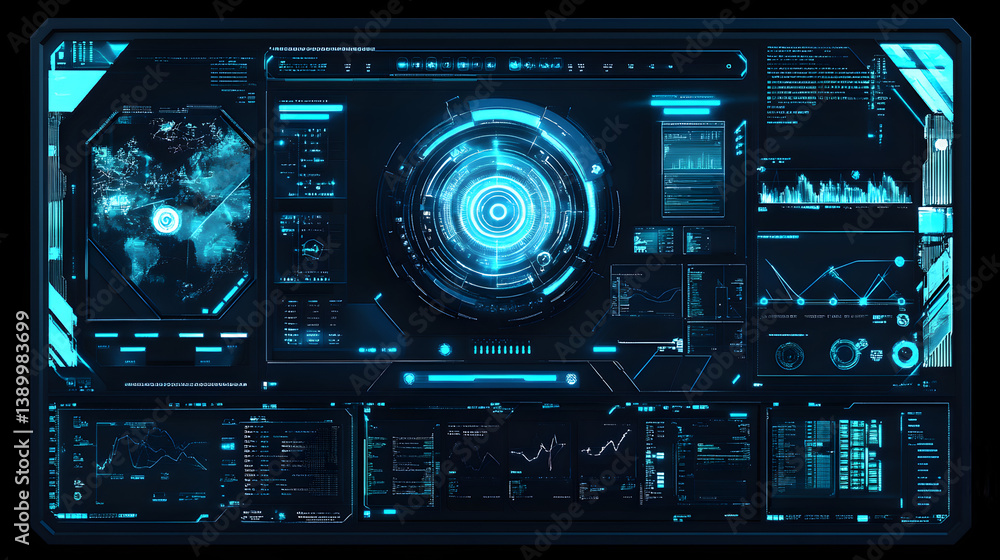 interface with glowing blue holographic data panels interface with glowing blue holographic data panels