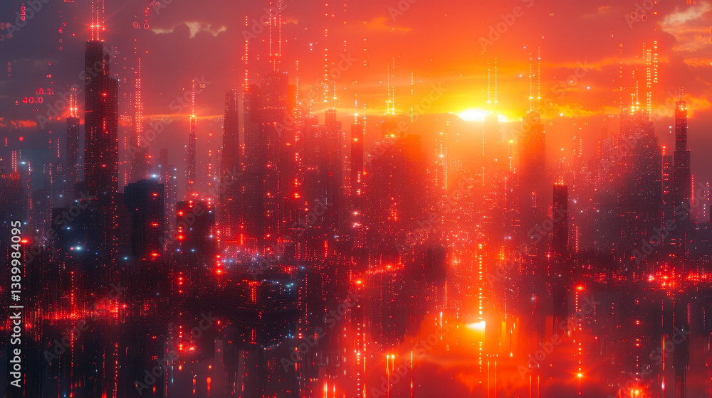 Futuristic Modern Cityscape at Sunset with Digital Communication Network, Abstract Technology Concept, Vibrant Red and Orange Digital Lights, High-Tech Urban Skyline Futuristic Modern Cityscape at Sunset with Digital Communication Network, Abstract Technology Concept, Vibrant Red and Orange Digital Lights, High-Tech Urban Skyline