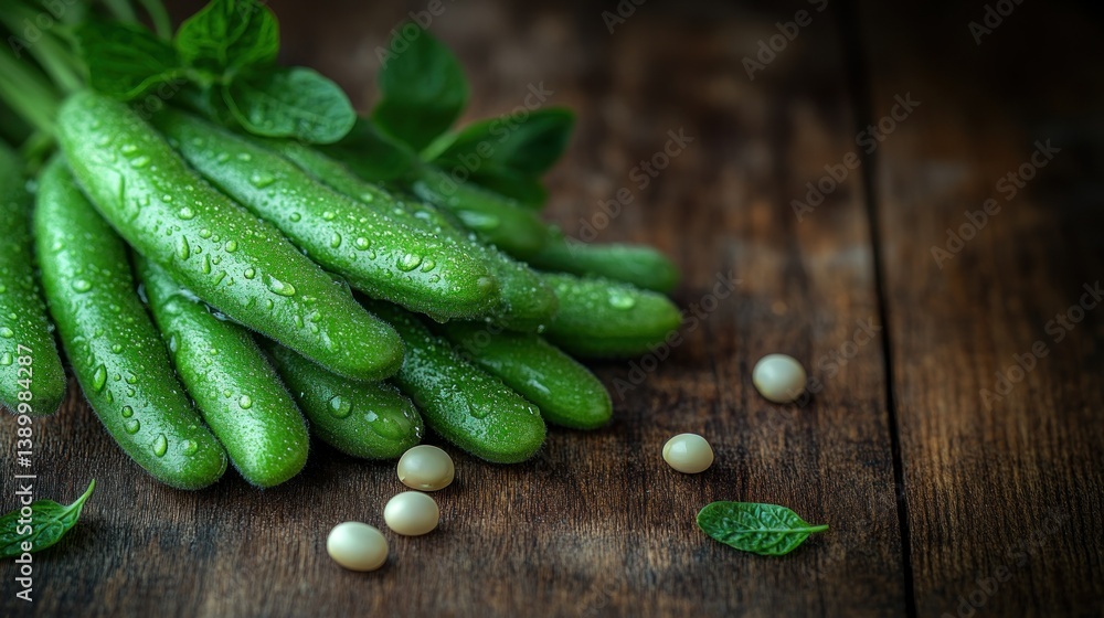 Fresh green beans with water droplets on a wooden surface Fresh green beans with water droplets on a wooden surface